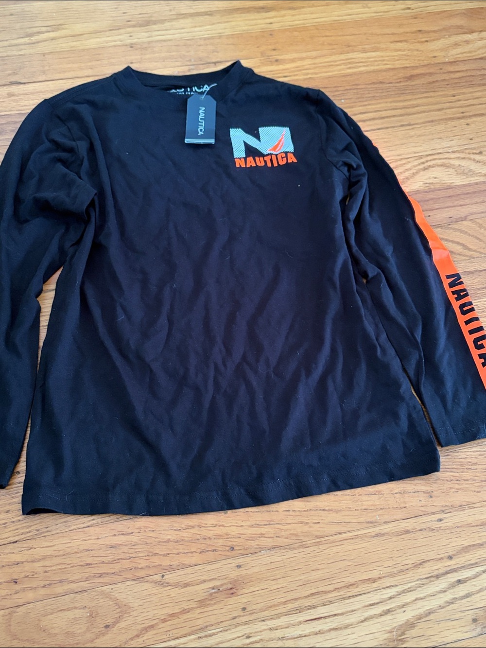 Nautica boys Black Long-Sleeve Tee with Orange Logo and Sleeve Stripe